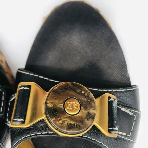 Anne Klein Wedge Sandal 7.5 Black Leather Straw Women AKHagan - Picture 12 of 15